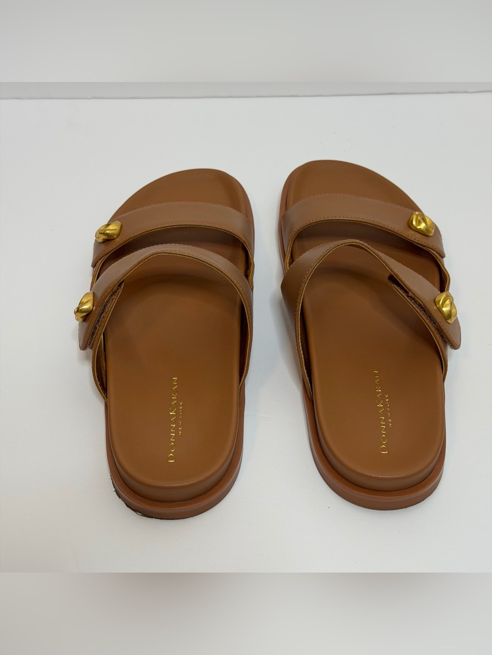 Donna Karan Hazley Cognac Leather Slip-On Sandals Double Strap Gold Accents 9 - Picture 7 of 15